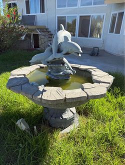 2 Large Vintage Concrete Fountains – Dolphin & Seahorse