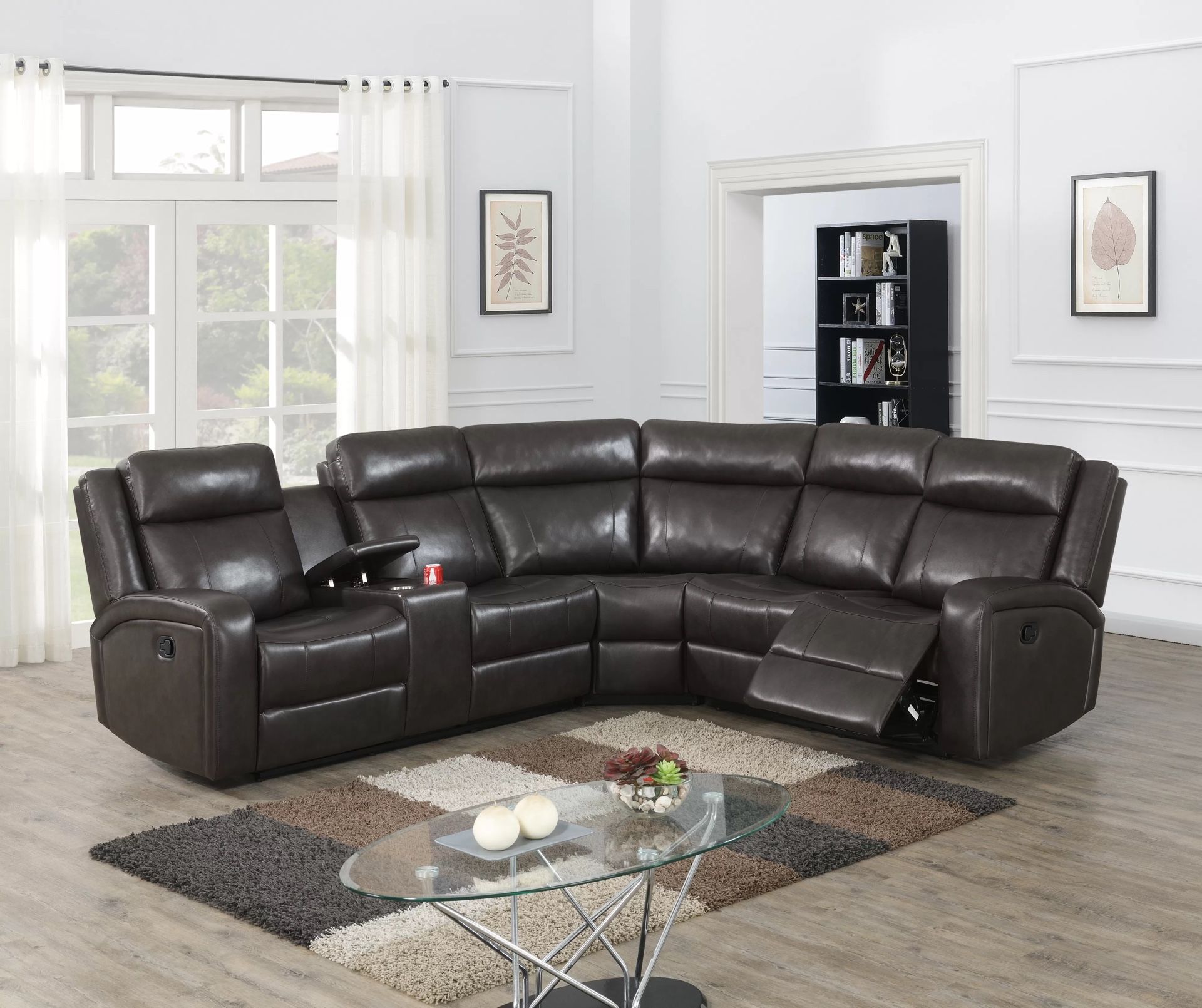 Brown Leather Sectional With Manuel Reclining Seats Storage Console Cup Holders