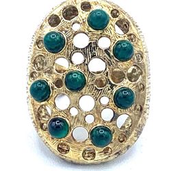 Gold Tone Green emerald colored Turquoise 925 Sterling Silver Ring Size 7