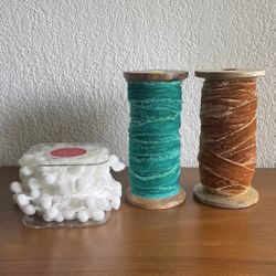 Velvet Turquoise And Copper Ribbon Wooden Spools With Bonus White Pom Pom Fringe Trim Fabric
