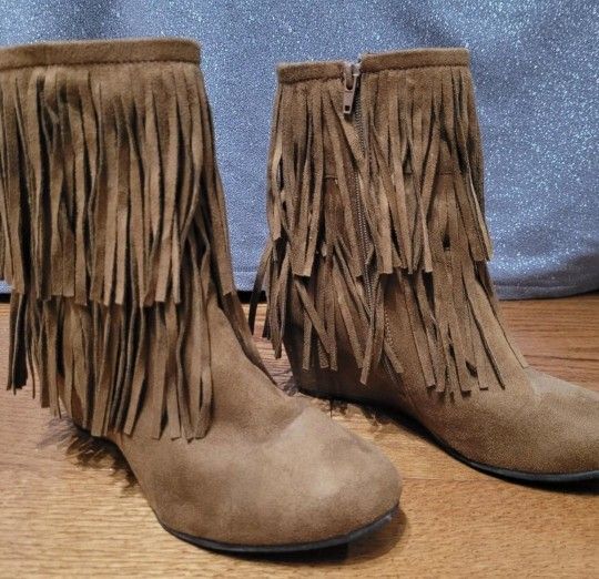 Brown Fringe Wedge Booties