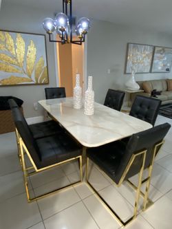 Modern Dining Set – White Marble Look, Black & Gold, 6 Chairs