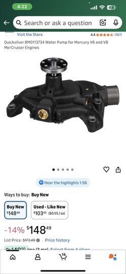 New Quicksilver 8M0113734 Water Pump for Mercury V6 and V8 MerCruiser Engines