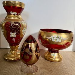 Real Bohemian Crystal Ruby Red & Gold Hand Painted Glass Set (Czech) –Vase, Bowl, & Decorative Piece