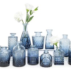 Glass Bud Vase Set of 12, Small Blue Flower Vases for Centerpieces in Bulk, Mini Vintage Vase for Wedding, Home,Table Decoration