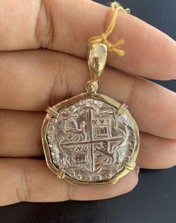 Atocha silver coin pendant in 14Kt gold bezel