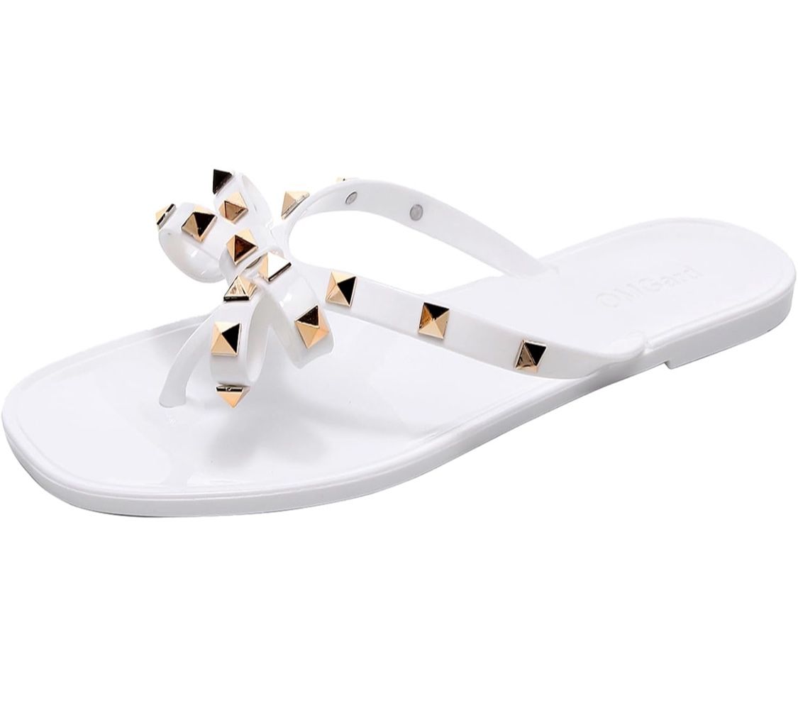 Womens Studded Sandals Bow Flip Flops Jelly Shoes Womens Beige Jellies Flat Size 10.5 Summer Beach Thong Slides with Rivets Dressy Slippers Slip On