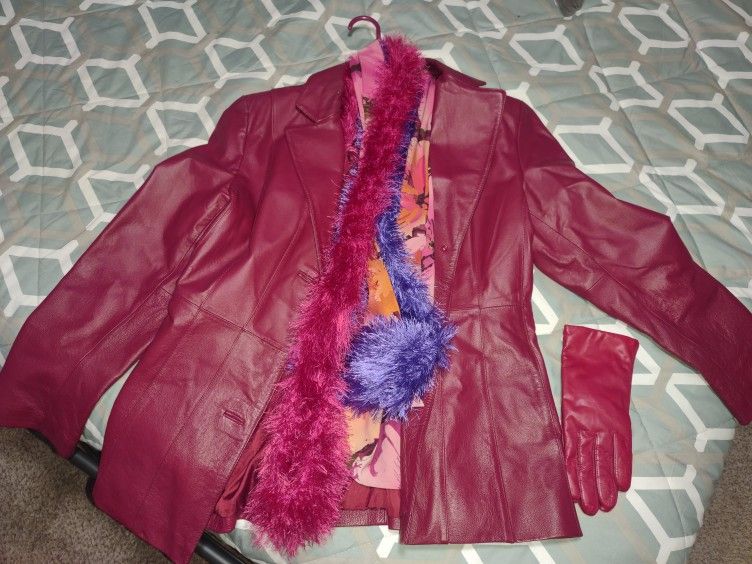 Worthington Genuine Lambskin Stitched Button-front Red Leather Jacket Women's L