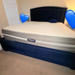 King Navy Upholstered Bed + Box Spring + Beautyrest Mattress - OBO Beautiful navy upholstered