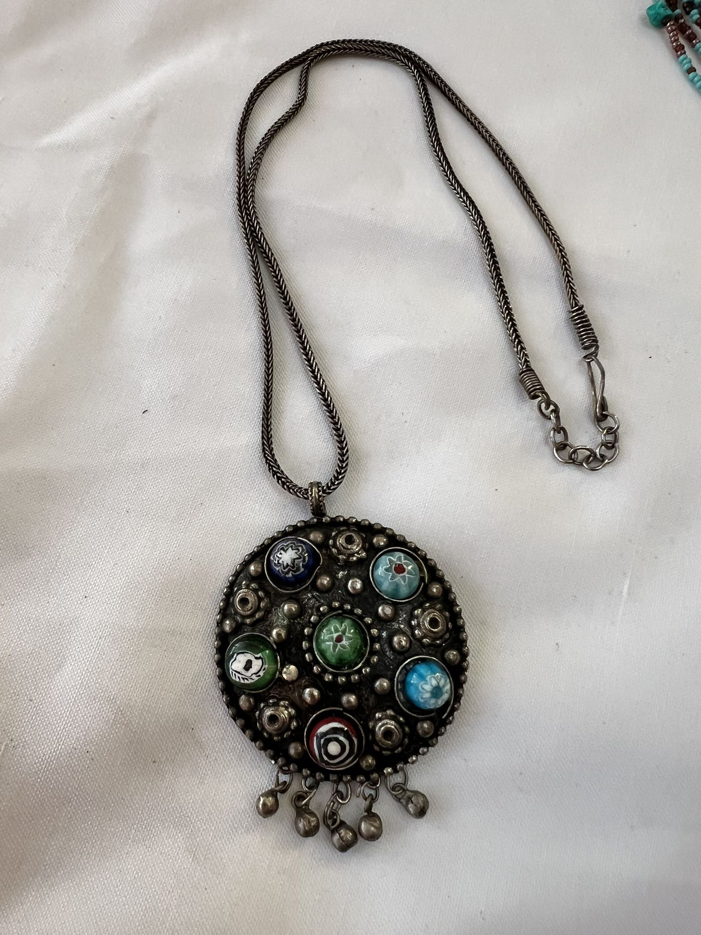SILVER MURANO MILLEFIORI GLASS BEADED SILVER NECKLACE 21"