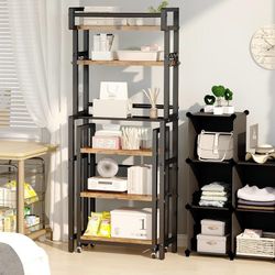 6-Tier Over The Toilet Storage Shelf with Cart, Freestanding Above Toilet Shelf Rack, Farmhouse Bathroom Organizer Shelves, Space Saver (Brown)
