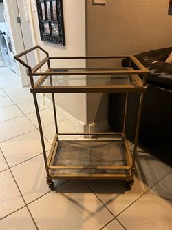 Rustic Gold Metal and Glass Rolling Bar Beverage Garden Cart- Some Rust!