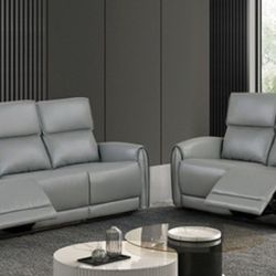 Brand New Grey Leather Power Reclining Sofa & Loveseat 