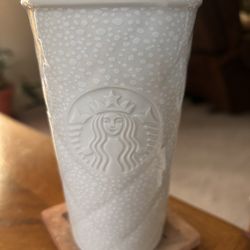 STARBUCKS 2016 Ivory w White Quilted Siren Ceramic Tumbler Travel Mug 10oz