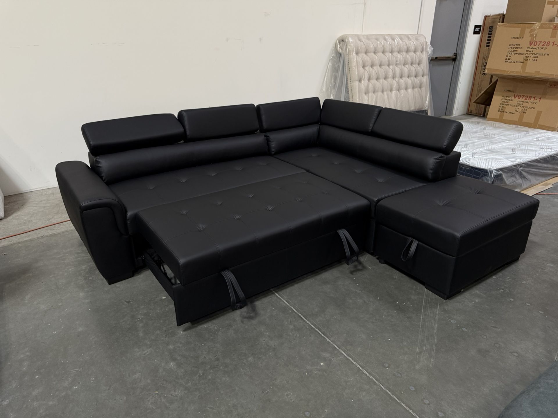 New! Contemporary Black Sectional, Black Faux Leather Sofa, L-Shaped Sofa With Pull-out Bed, Sofabed, Sectional Sofa Bed, Black Couch, Leatherette Sof