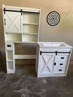 Restroom, vanity sink cabinet