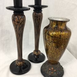 Black & Gold Glass Taper Candle Holders Set & Decorative Vase