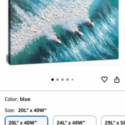 Brand new Large Beach Wall Art for Living Room 20"x40" Blue and White Hand Painted Surfing Ocean Wave Coastal Canvas Painting Seascape Artwork with Su