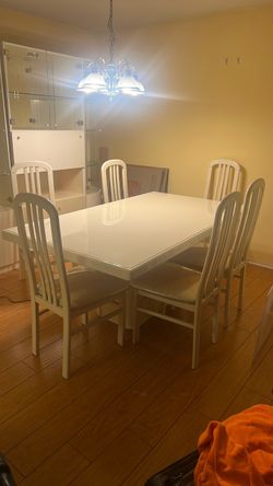 White Dining Table with 6 Chairs + China Cabinet