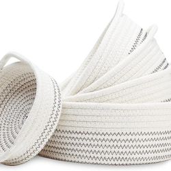 NaturalCozy 5-Piece Round Small Woven Baskets Set - 100% Natural Cotton Rope Baskets! Key Tray, Kids Montessori Toys, Bowl for Entryway.
