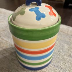 Rainbow Dog Treat Jar Hand Painted Stoneware 