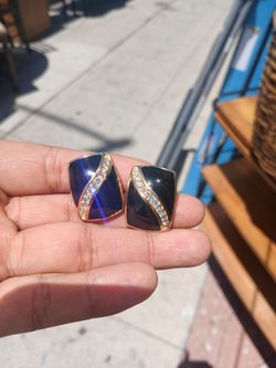 Christian Dior Gold Tone Black Enamel & Clear Rhinestone  Earrings