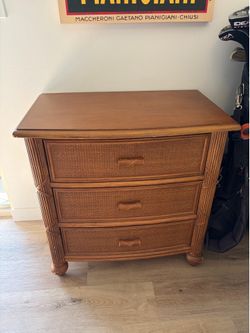 Vintage Coastal Rattan 3-Drawer Nightstand / Accent Chest