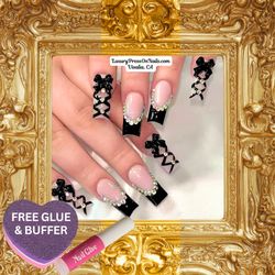 Black French Tip Corset Lace Acrylic Press On Nails - 24 Pc Set - FREE GLUE & BUFFER
