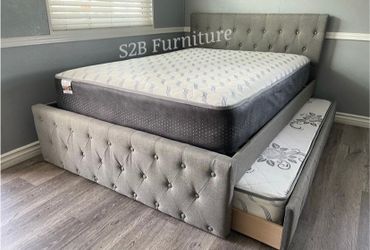 Full Twin Grey Frenchi Trundle Bed With Ortho Mattress Included