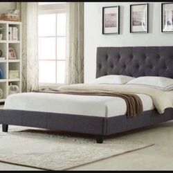 Brand New In Box Full Size Dark Grey Linen Upholstered Bed With Mattress. Assembly Required, We Can Deliver, Cama Con Colchon.
