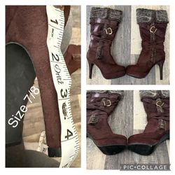 Boots- Size 7/8 Dark Brown -4-1/2 In Heel With A Fur Cap 