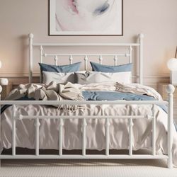 Queen Size Metal Platform Bed Frame/Victorian Headboard and Footboard/Steel Slats Mattress Foundation for Storage/No Box Spring Needed