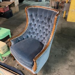 Pair of Blue Velvet Tufted Wingback Chairs 