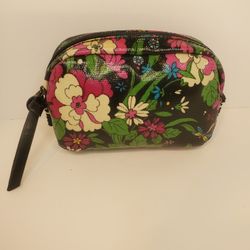 Black Floral & Pink Cosmetic Bag Vinyl Canvas Toiletries Pouch Makeup Bag
