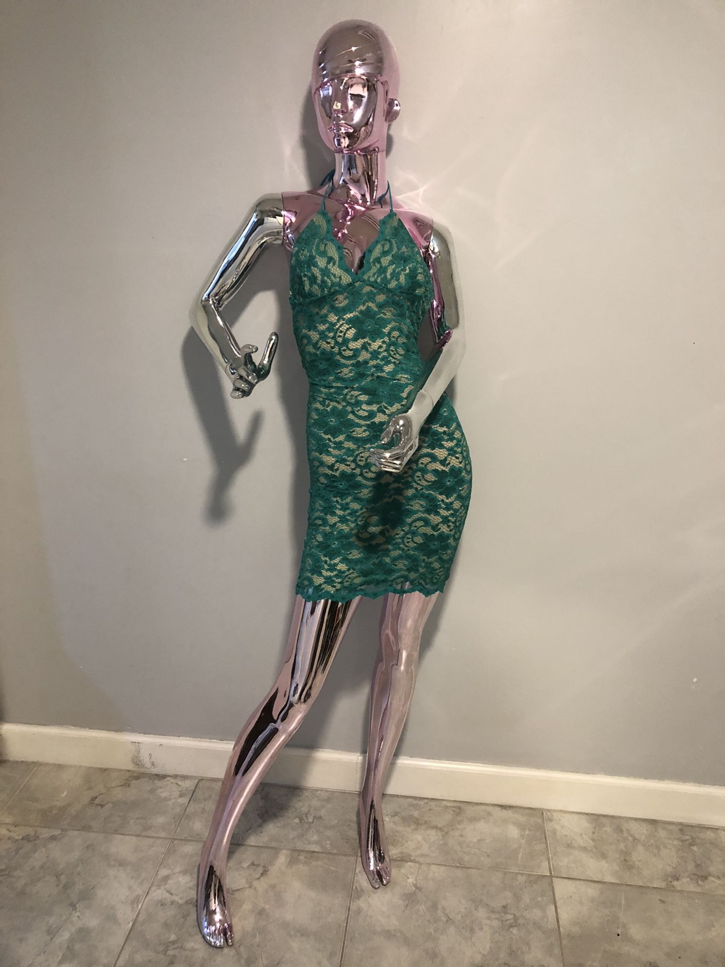 Midi Green Lace Halter Top Dress, S