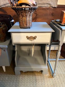 Beautiful refurbished grey solid wood nightstand with original hardware