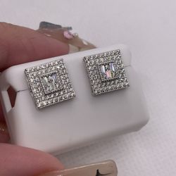 Large Square Earrings Baguettes - 925 & Moissanite Diamonds, Screw back 