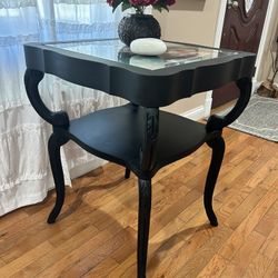Antique Black 2 Shelf Side End Table with Rose Floral Appliqué 
