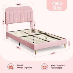 GarveeHome Twin Bed Frame with Storage Headboard, Velvet Upholstered Platform Bedframe for Kids, Girl Bed, Strong Wooden Slats, Noise-Free, Easy Assem