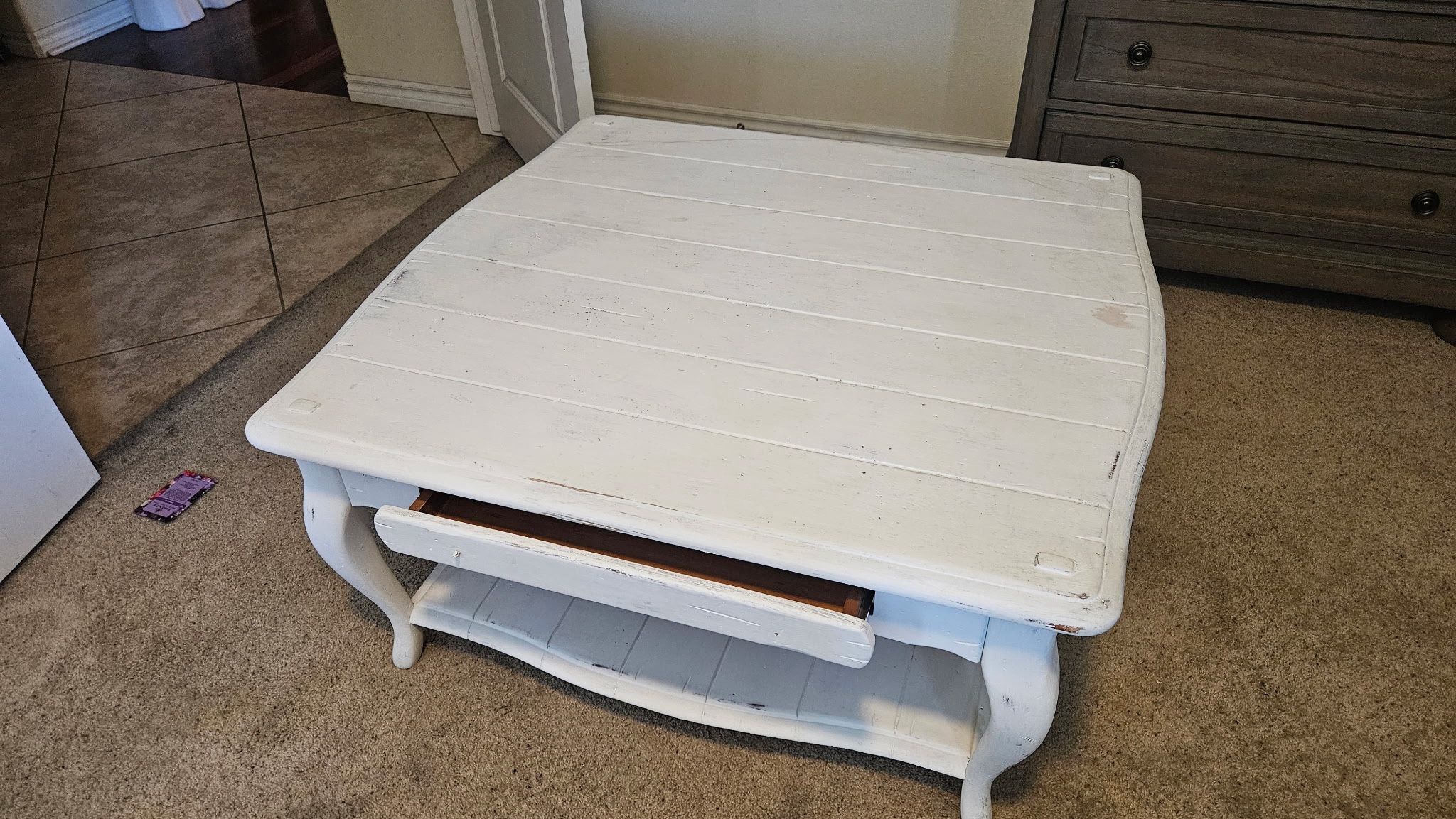 Two Piece Set White Wood Table And End Table