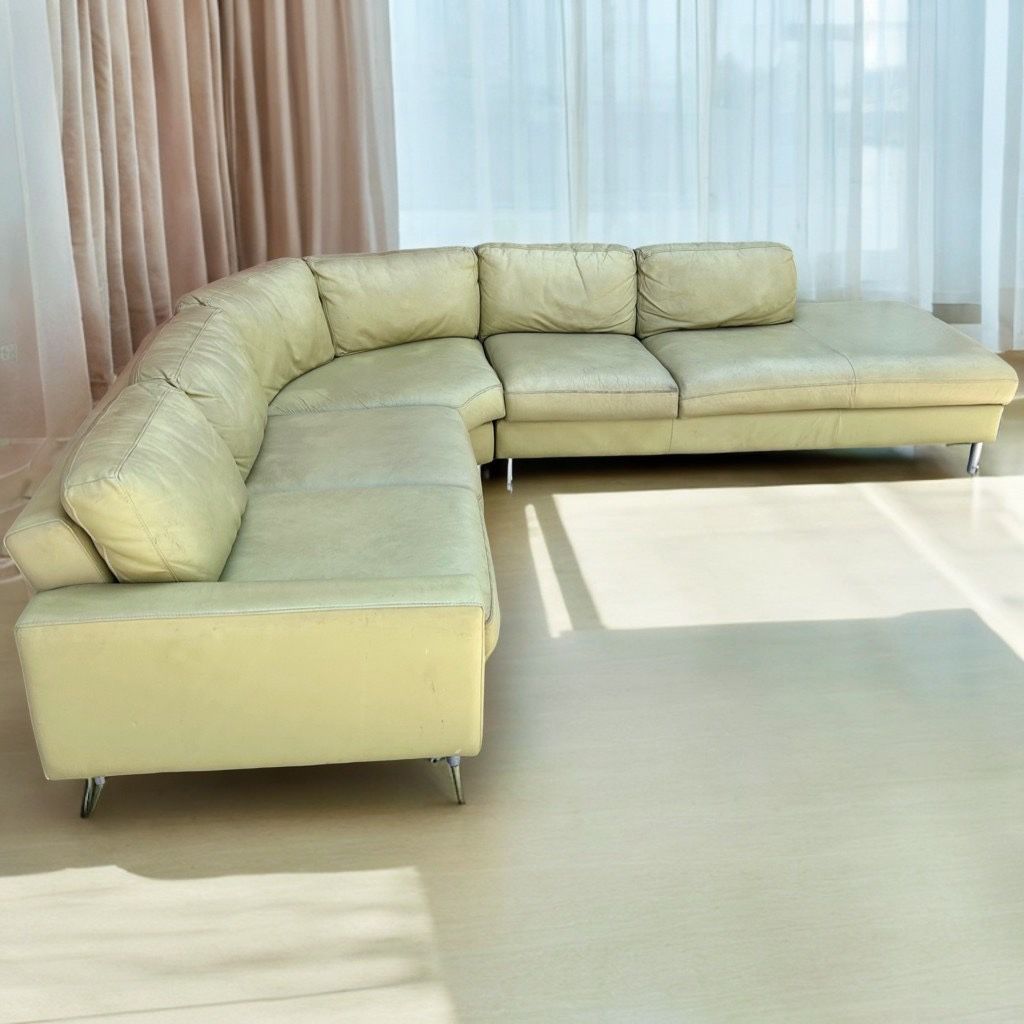 Chartreuse Green Leather 110” by 98” 2pc Mid Century Modern Sectional Sofa