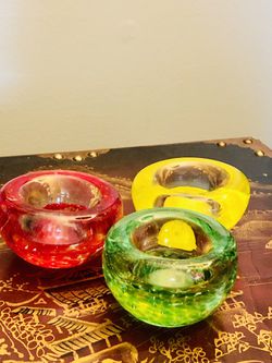 SOLID ART GLASS RED, YELLOW + GREEN TEA LIGHT CANDLE HOLDERS