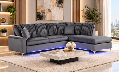 Gray Velvet Sectional Sofa with LED Lights