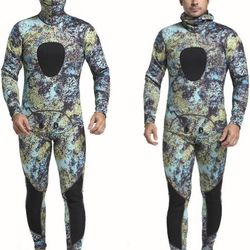 Nataly Osmann Camo Spearfishing Wetsuits Men 3mm /1.5mm Neoprene 2-Pieces Hooded （Large）