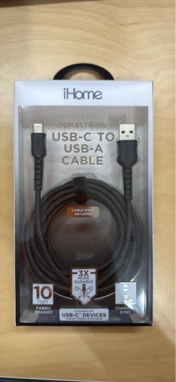 iHome Durastrain 10ft USB-C to USB-A Fabric Braided Cable