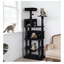 67 Inch Black Tall Cat Tree Tower for Indoor Large Adult Cats Heavy Duty Cat Condo with Hammock,Sisal Scratching Post,Removable Plush Perch brand new 