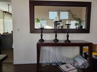Large Rectangular Wall Mirror and table Dark Wood Frame