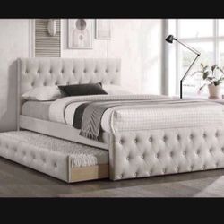 New In Box FULL BED W/TRUNDLE  LIGHT BROWN BURLAP And 2 Mattresses.