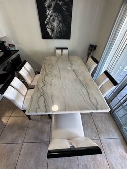 Modern 7-Piece Dining Set – Marble-Look Table + 6 Chairs