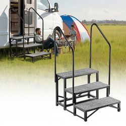 VEVOR RV Steps with Dual Handrails, 3 Steps, 660 lbs Load Capacity, Heavy Duty Outdoor RV Stairs with Non-Slip Mat for Elderly/Pets, Portable Stairs f
